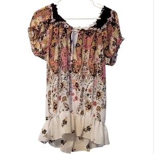 Chenault Paisley Pink and Brown Ruffled Peplum Blouse